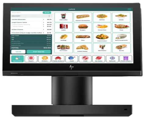 Black touchscreen point of sale monitor displaying restaurant menu items, order management features, and payment controls.